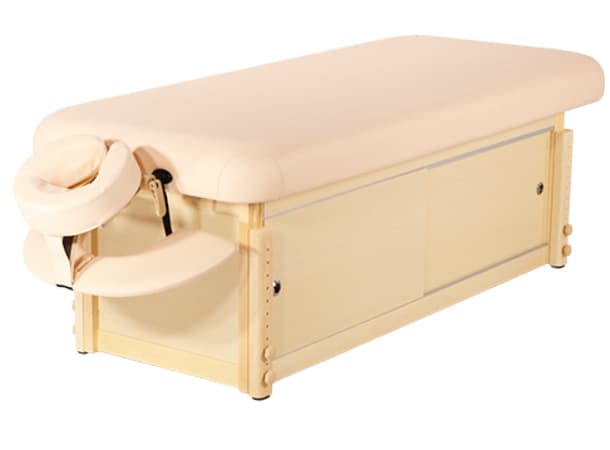 Kaiser Wooden Flat Massage Bed with Cabinet – Adjustable Spa Table, 72”–84” Length, 30” Width, 3” Soft Foam, 1000 lbs Capacity